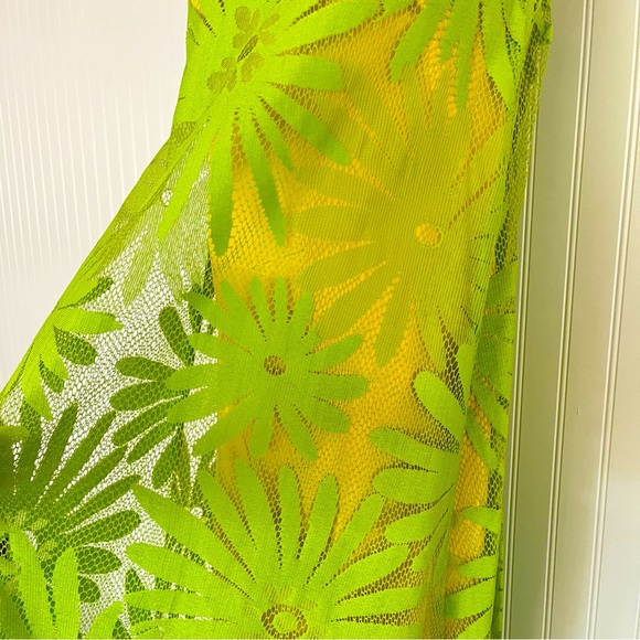 Vintage 60's Lime Green Floral Trapeze Mesh Lace Shift Dress Mod Flower Power - Picture 5 of 16